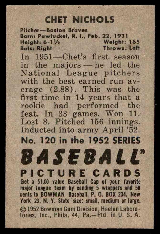 1952. Bowman Baseball 120 Chet Nichols Boston Braves izvrsno