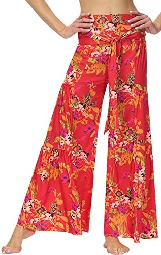 Ženske hlače širokih nogu casual cvjetni otisci ležaljke visoki struk labave boho dno boemske palazzo hlače s remenom