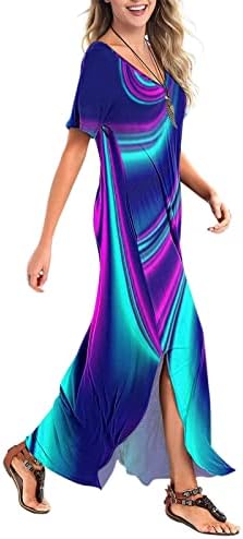 Ženska ljetna haljina 2023. godine labava posada kratkih rukava šareni print split dugačka haljina plaža maxi haljina s džepom