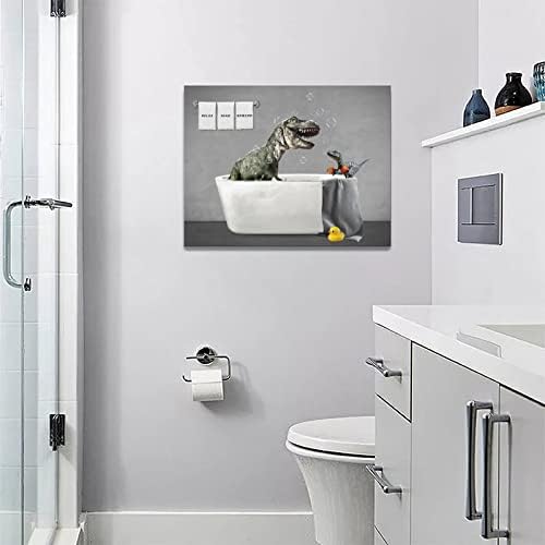 Dekor kupatila Zidna umjetnost Smiješni dinosaur u kadi platna Printins Slikanje crno -bijele slike kupaonice uokvirene moderni