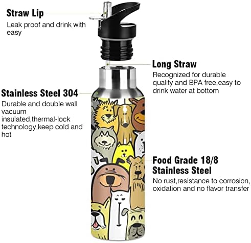 Alaza Slatka crtana doodle psi i mačja boca s vodom sa slamnastim poklopcem vakuuma izolirana od nehrđajućeg čelika Termo