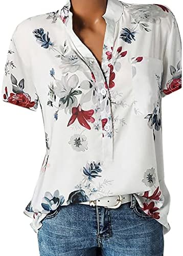 Gufesf Žene vrhovi kratkih rukava 2023 Ljetni gumb V vrat T majice labave bluze Oduševljene casual cvjetne grafičke majice