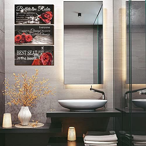 Ylolul 3 PCS ruža pravila kupaonice zidni dekor pravila o kupaonici smiješna crvena ruža dekor kupaonice rustikalno drvena