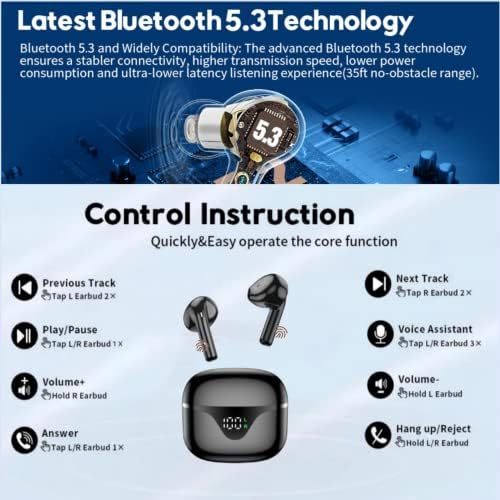 Uzilaco True bežični uši, v5.3 slušalice 50h reprodukcije s digitalnim futrolom za punjenje, ugrađeni mikrofon, IPX5 znoj