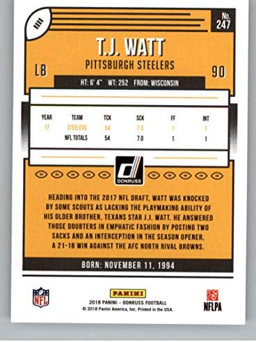2018. Donruss nogomet 247 T.J. Službena NFL trgovačka kartica Watt Pittsburgh Steelers