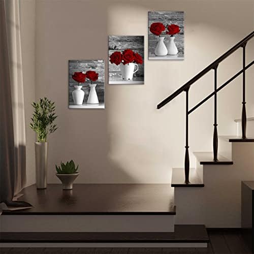Zidna umjetnička platna slika crvena ruža cvjetna zidna umjetnička slika za spavaću sobu dnevna soba 3 komada uokvirena umjetnička