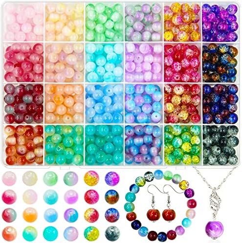 600pcs 8mm staklene perle za izradu nakita, 24 boje okrugle kristalne staklene perle za izradu narukvica s pukotinama od