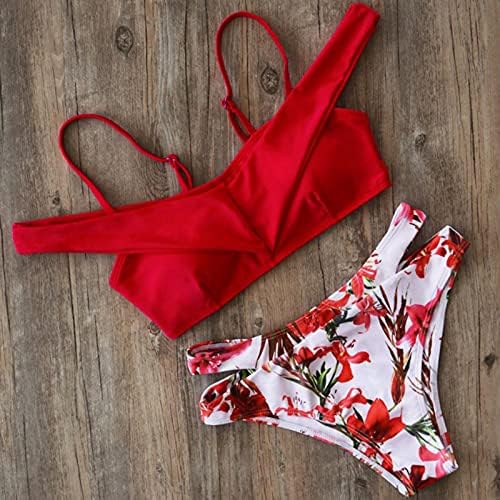 Ženski kupaći kostim s visokim strukom, Havajski cvjetni Bikini Set, izrez u obliku slova u, remen za špagete, spušteni rukav,