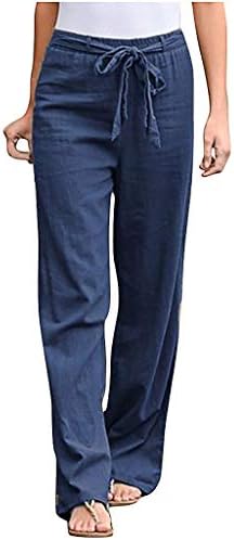 Aniywn Women's Ljetno izvlačenje srednjeg struka široka noga labave pamučne lanene hlače Solid Color Lounge hlače s džepom