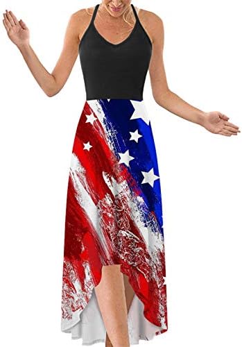 4. srpnja maksi haljine za žene, ljetna ležerna haljina u boho stilu s američkom zastavom, Okrugli vrat, naramenice, bez