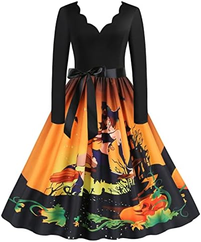 Midi haljine za žene, tiskana čajna haljina za Noć vještica 50-ih i 60-ih, Vintage rockabilli haljina s dugim rukavima, ljuljačka