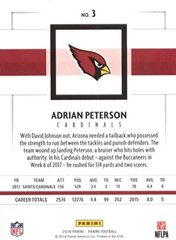 2018. Panini NFL nogomet 3 Adrian Peterson Arizona Cardinals Službena trgovačka karta