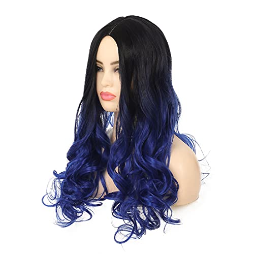 + Crne plave perike za žene s dugom kovrčavom valovitom kosom srednjeg dijela, plava perika za kosu, sintetička izmjenjiva