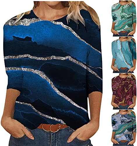 3/4 majice za rukave za žene Ljetni casual print vrhovi okrugli vrat labavi pulover udobno mekane bluze